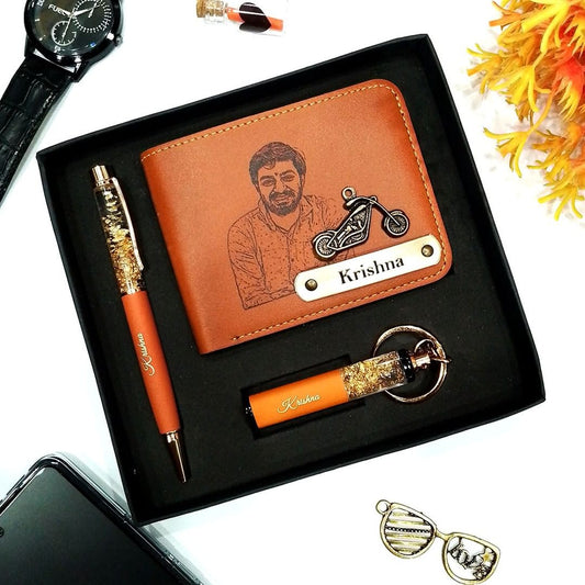 Customized Wallets For Him - New Tan Color Sketch Wallet Combo With Add Your photo & Name