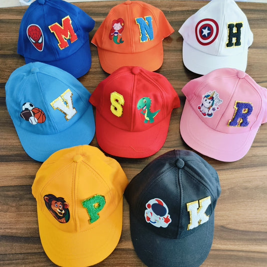 Kids caps personalised with theme and Initial Letter