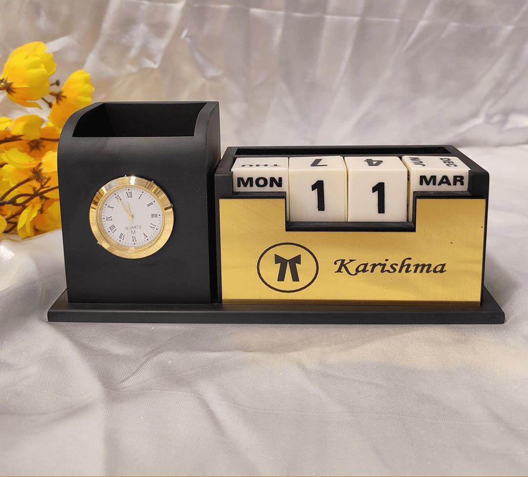 Customized Wooden Pen Stand With Add Your Photo / Watch / Calendar Option